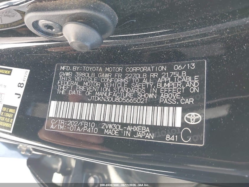 2013 Toyota Prius VIN JTDKN3DU8D5665021 IAAI salvage auction — THEFT, Salvage (California), sold $3,000 on 2026-07-05 (photo 9)