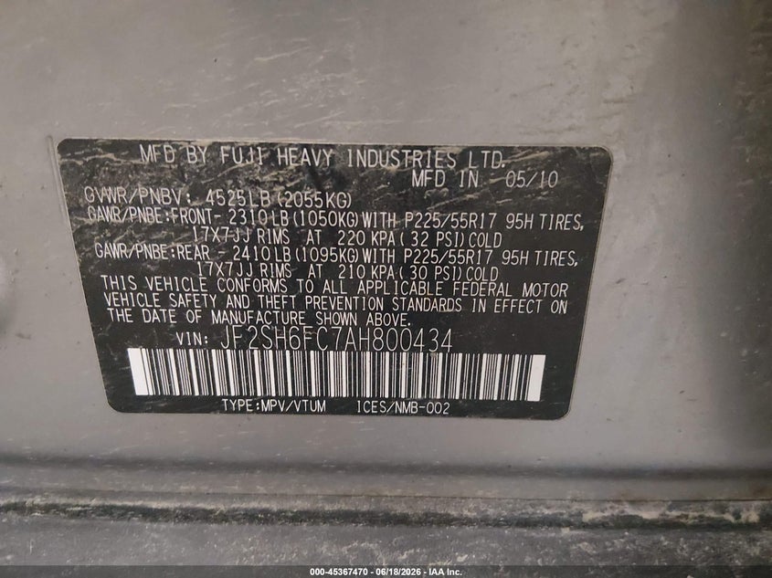 2010 Subaru Forester VIN JF2SH6FC7AH800434 IAAI salvage auction — NORMAL WEAR, Clear (Minnesota), sold $625 on 2026-07-14 (photo 9)