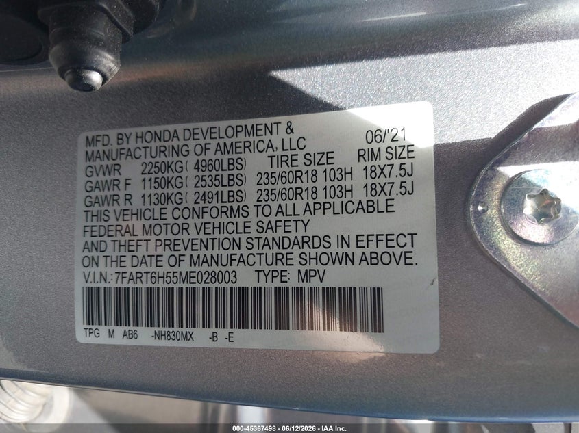 2021 Honda Cr-v VIN 7FART6H55ME028003 IAAI salvage auction — LEFT & RIGHT, Salvage Title, sold $5,900 on 2026-07-10 (photo 9)