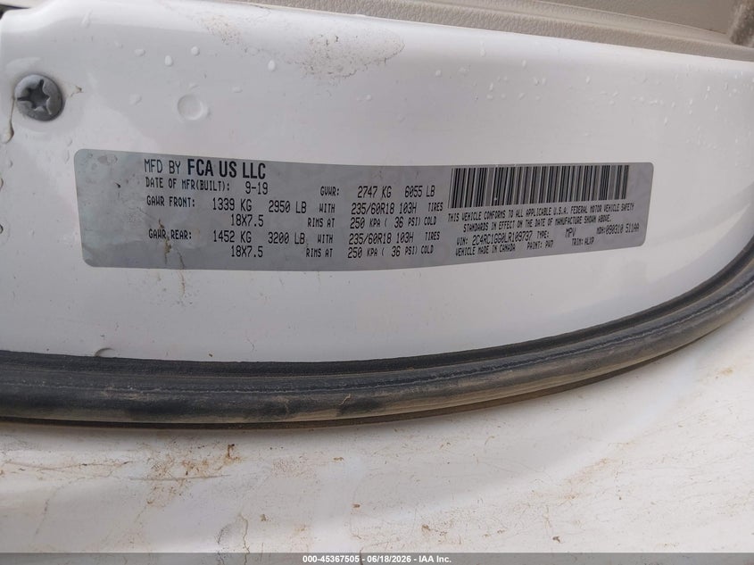 2020 Chrysler Pacifica VIN 2C4RC1GG0LR109737 IAAI salvage auction — FRONT END, Salvage (Oklahoma), sold $1,500 on 2026-07-24 (photo 9)