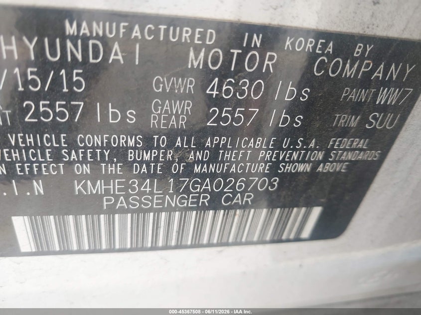 2016 Hyundai Sonata VIN KMHE34L17GA026703 IAAI salvage auction — NORMAL WEAR, Clear (Utah), sold $350 on 2026-07-09 (photo 9)