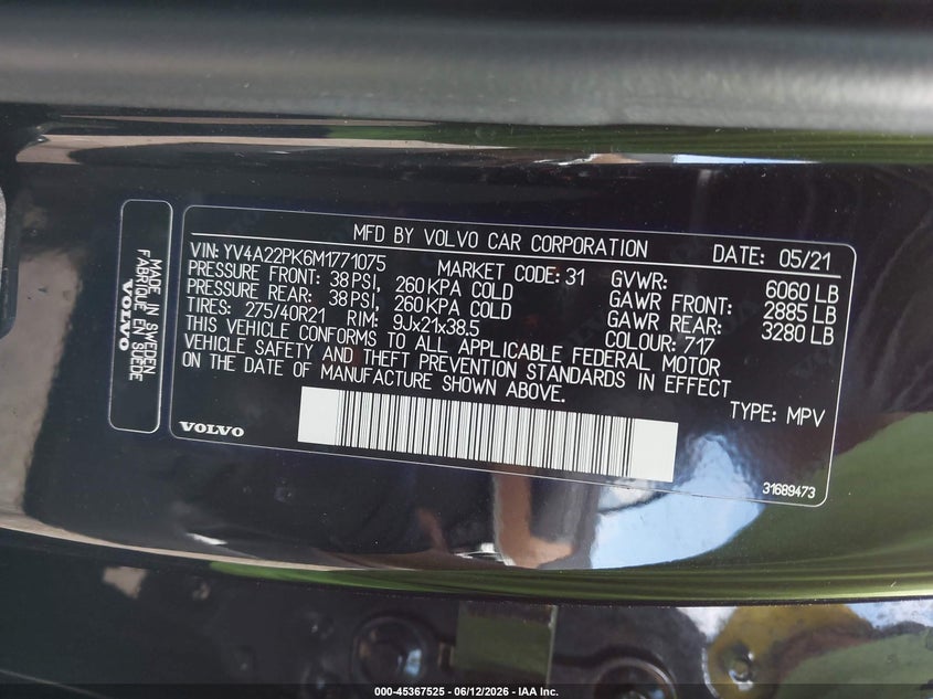 2021 Volvo Xc90 VIN YV4A22PK6M1771075 IAAI salvage auction — LEFT FRONT, Salvage Title, sold $5,900 on 2026-07-28 (photo 9)
