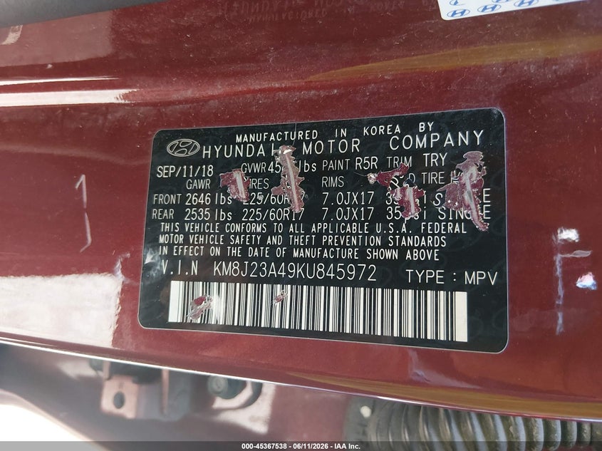 2019 Hyundai Tucson VIN KM8J23A49KU845972 IAAI salvage auction — NORMAL WEAR, Clear (Indiana), sold $2,525 on 2026-07-22 (photo 9)