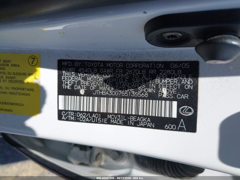 2005 Lexus Es 330 VIN JTHBA30G755135568 IAAI salvage auction — RIGHT FRONT, Salvage (California), sold $375 on 2026-07-21 (photo 9)