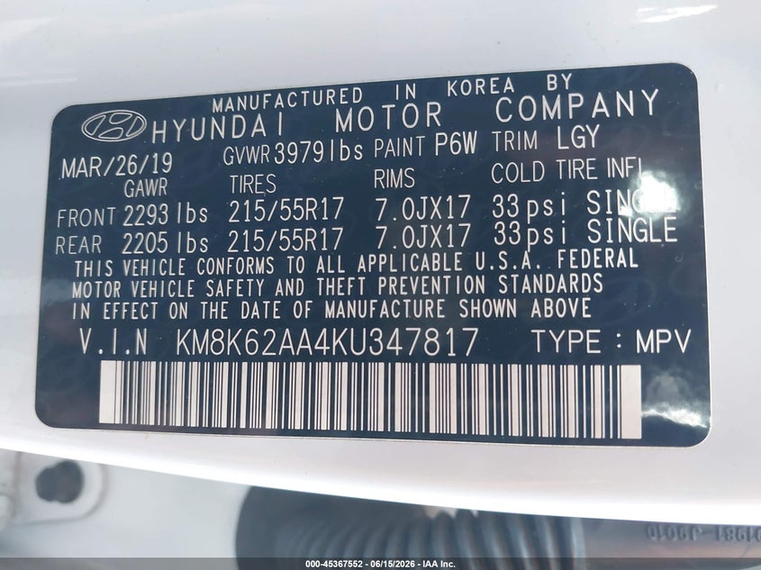 2019 Hyundai Kona VIN KM8K62AA4KU347817 IAAI salvage auction — FRONT END, Salvage Title, sold $3,400 on 2026-07-08 (photo 9)