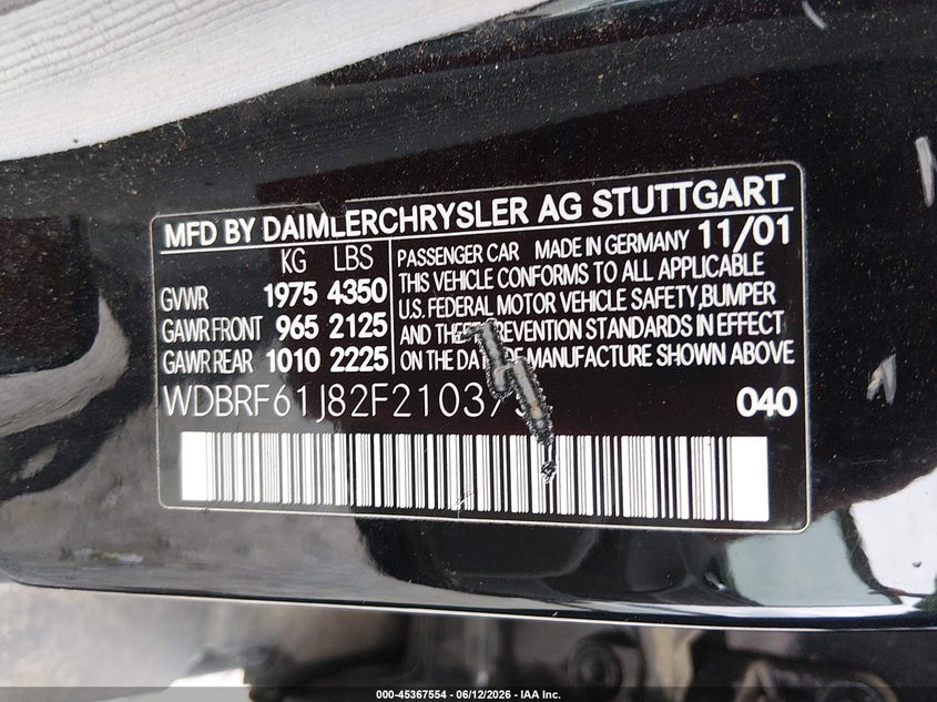 2002 Mercedes-benz C class VIN WDBRF61J82F210375 IAAI salvage auction — NORMAL WEAR, Clear (Alabama), sold $475 on 2026-07-27 (photo 9)