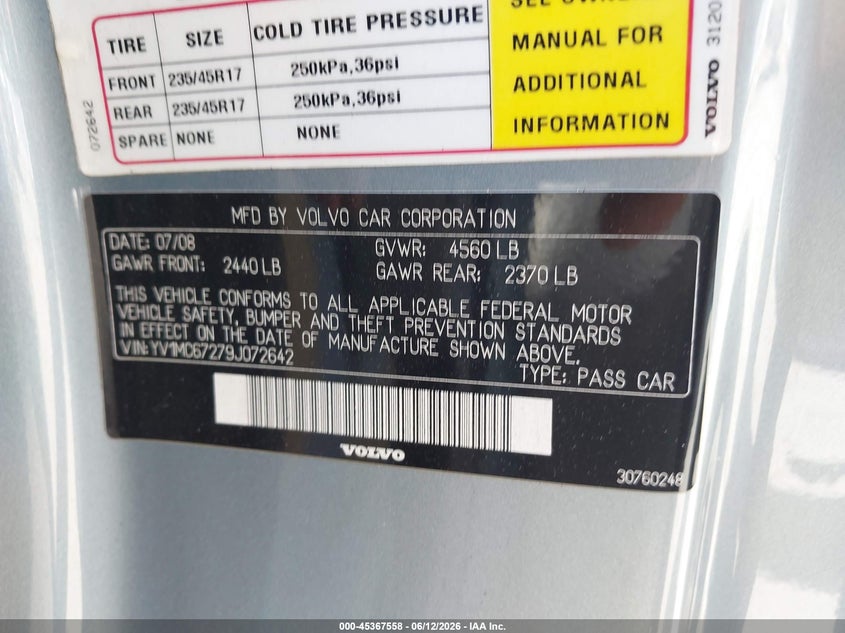 2009 Volvo C70 VIN YV1MC67279J072642 IAAI salvage auction — TRANSMISSION, Salvage (California), sold $1,100 on 2026-07-14 (photo 9)