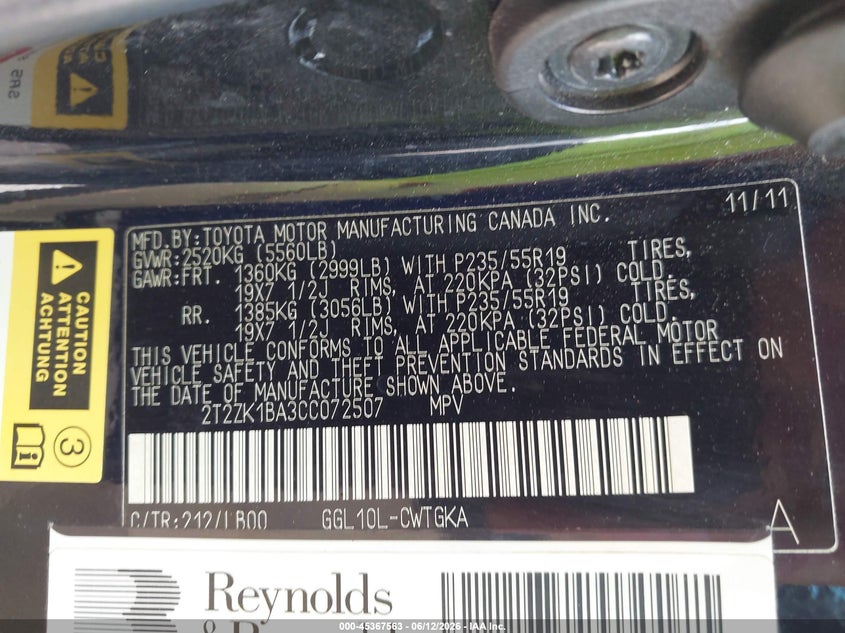 2012 Lexus Rx VIN 2T2ZK1BA3CC072507 IAAI salvage auction — REAR END, Salvage (Texas), sold $4,050 on 2026-07-23 (photo 9)