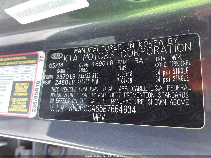 2014 Kia Sportage VIN KNDPCCA65E7664934 IAAI salvage auction — NORMAL WEAR, Clear (Michigan), sold $1,050 on 2026-07-09 (photo 9)