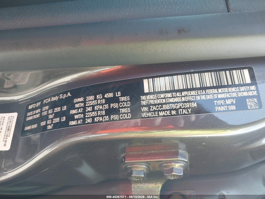 2016 Jeep Renegade VIN ZACCJBBT6GPD39184 IAAI salvage auction — RIGHT REAR, Salvage (Arizona), sold $2,275 on 2026-07-16 (photo 9)