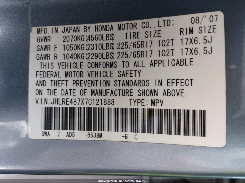 2007 Honda Cr-v VIN JHLRE487X7C121888 IAAI salvage auction — RIGHT REAR, Salvage (New Jersey), sold $3,100 on 2026-07-20 (photo 9)