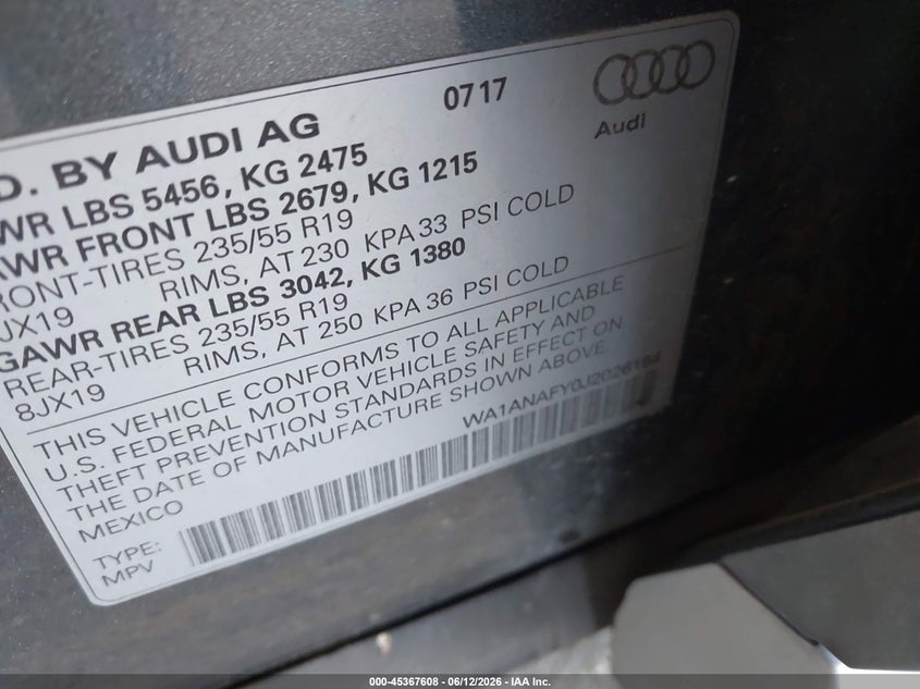 2018 Audi Q5 VIN WA1ANAFY0J2026154 IAAI salvage auction — SIDE, Salvage Title, sold $5,900 on 2026-07-28 (photo 9)