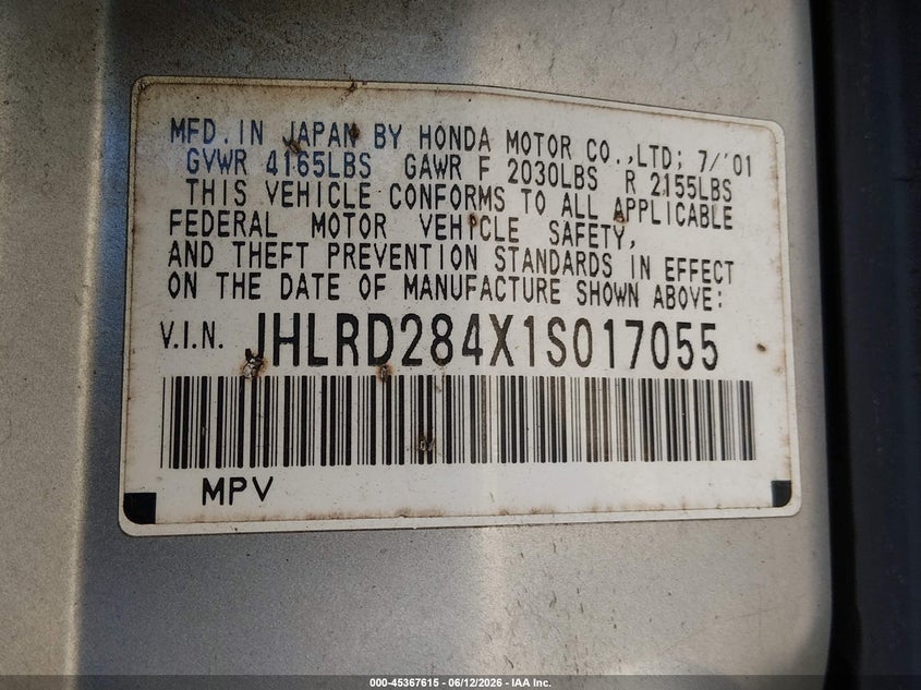 2001 Honda Cr-v VIN JHLRD284X1S017055 IAAI salvage auction — NORMAL WEAR, Clear (Washington), sold $525 on 2026-07-08 (photo 9)