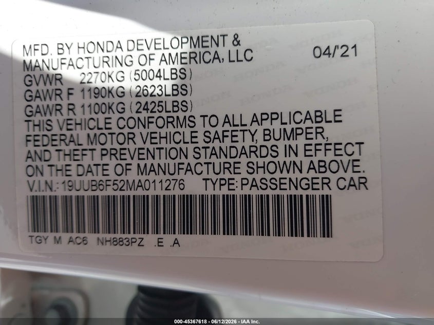 2021 Acura Tlx VIN 19UUB6F52MA011276 IAAI salvage auction — FRONT END, Salvage Title, sold $8,000 on 2026-07-30 (photo 9)