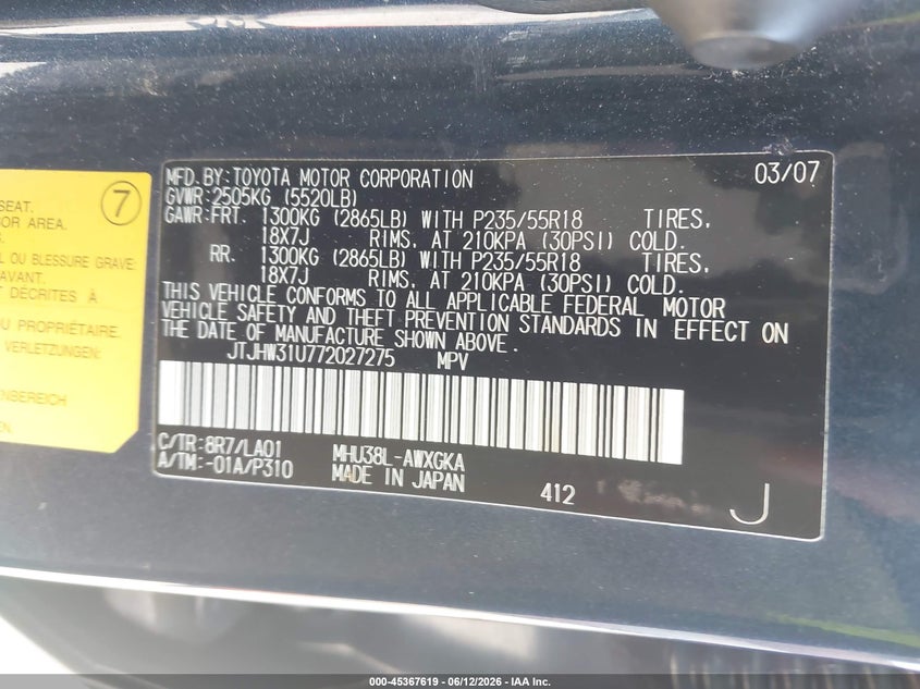 2007 Lexus Rx 400h VIN JTJHW31U772027275 IAAI salvage auction — VANDALISM, Salvage (California), sold $975 on 2026-07-13 (photo 9)