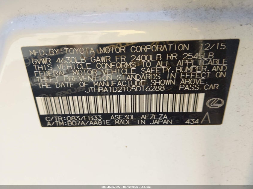 2016 Lexus Is VIN JTHBA1D21G5016288 IAAI salvage auction — ROOF, Salvage Title, sold $7,350 on 2026-07-23 (photo 9)