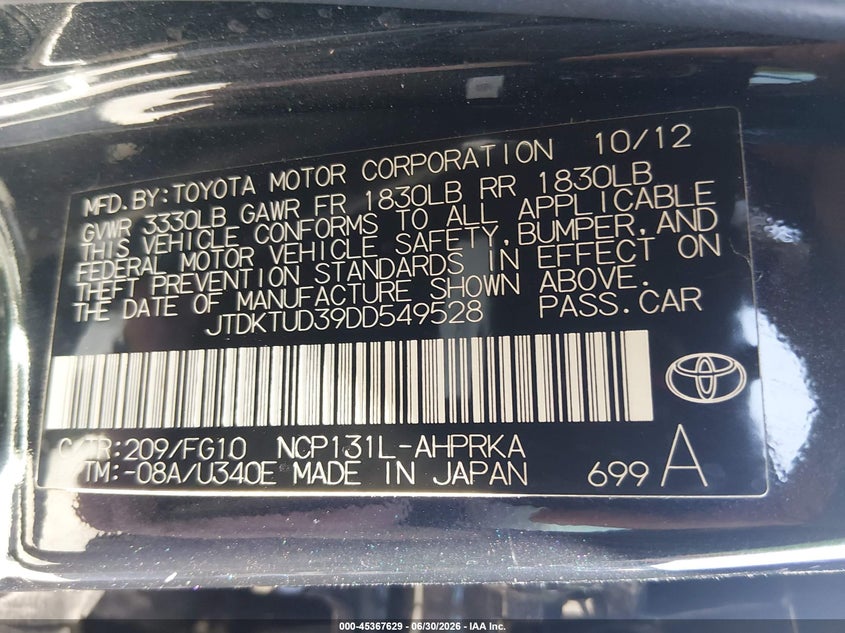 2013 Toyota Yaris VIN JTDKTUD39BB549528 IAAI salvage auction — NORMAL WEAR, Salvage Title, sold $3,700 on 2026-07-17 (photo 9)