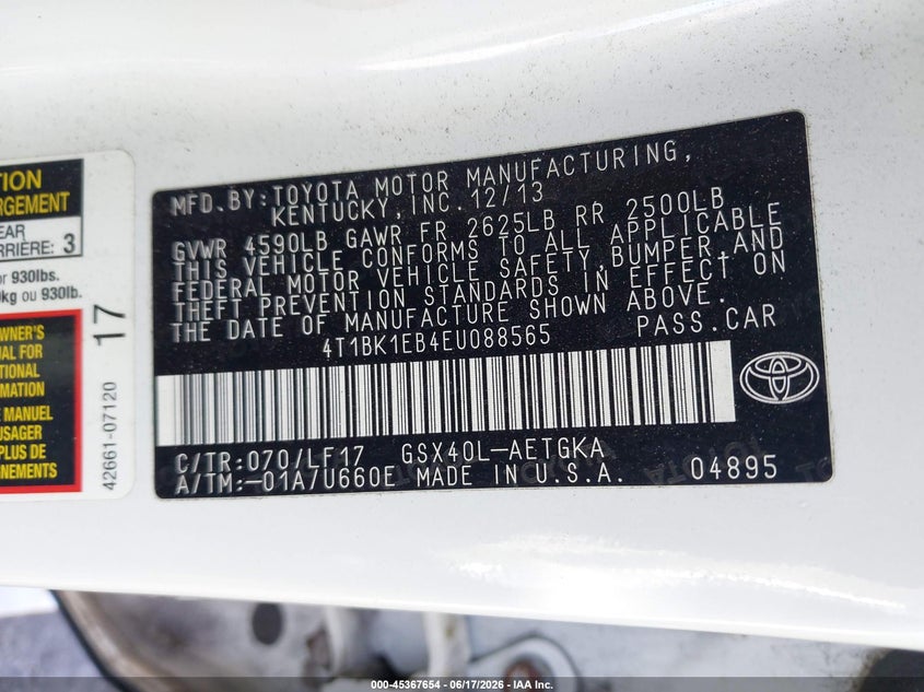 2014 Toyota Avalon VIN 4T1BK1EB4EU088565 IAAI salvage auction — FRONT & REAR, Wait Title, sold $2,400 on 2026-10-04 (photo 9)