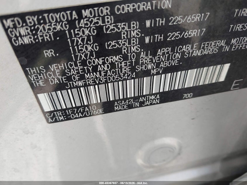 2015 Toyota Rav 4 VIN JTMWFREV3FD053424 IAAI salvage auction — FRONT & REAR, Salvage Title, sold $2,950 on 2026-07-21 (photo 9)