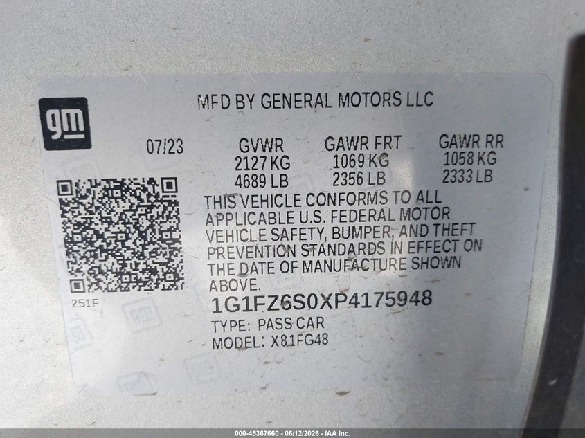 2023 Chevrolet Bolt euv VIN 1G1FZ6S0XP4175948 IAAI salvage auction — REAR END, Bill Of Sale (Washington), sold $8,000 on 2026-07-09 (photo 9)