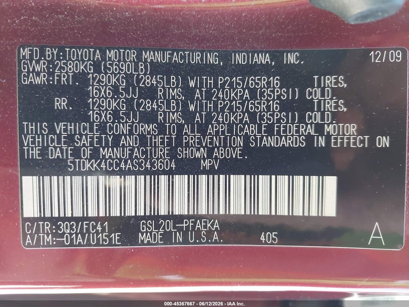 2010 Toyota Sienna VIN 5TDKK4CC4AS343604 IAAI salvage auction — REAR END, Salvage (California), sold $1,100 on 2026-07-29 (photo 9)