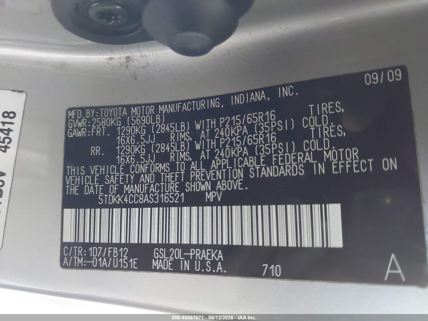 2010 Toyota Sienna VIN 5TDKK4CC8AS316521 IAAI salvage auction — RIGHT SIDE, Bill Of Sale (Washington), sold $1,700 on 2026-07-08 (photo 9)
