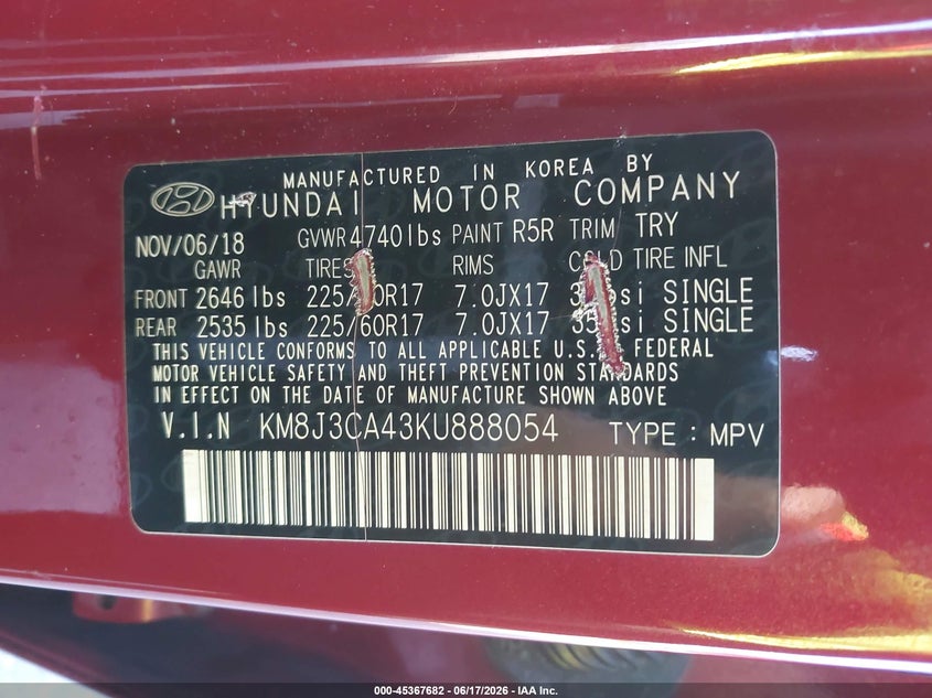 2019 Hyundai Tucson VIN KM8J3CA43KU888054 IAAI salvage auction — FRONT END, Rebuildable (Florida), sold $3,000 on 2026-07-29 (photo 9)
