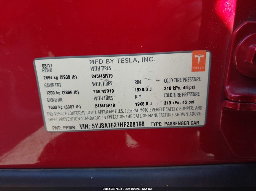 2017 Tesla Model s VIN 5YJSA1E27HF208198 IAAI salvage auction — FRONT END, Salvage (Arizona), sold $4,150 on 2026-07-28 (photo 9)