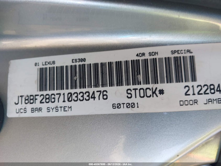 2001 Lexus ES VIN JT8BF28G710333476 IAAI salvage auction — FRONT END, Salvage (California), sold $275 on 2026-07-31 (photo 9)