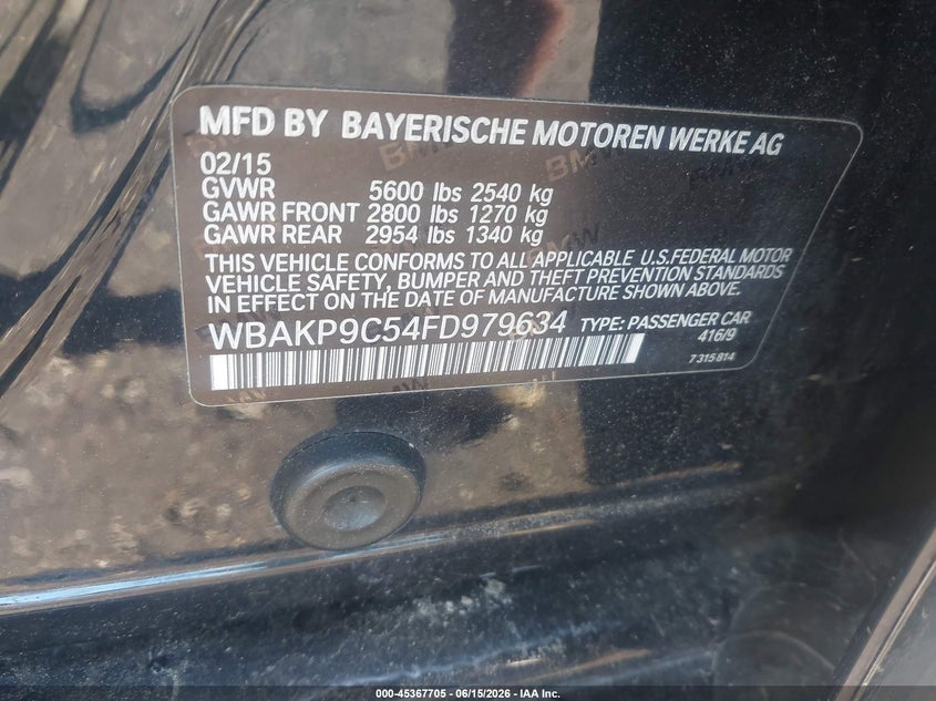 2015 BMW 5er VIN WBAKP9C54FD979634 IAAI salvage auction — LEFT SIDE, Salvage Title, sold $450 on 2026-07-28 (photo 9)