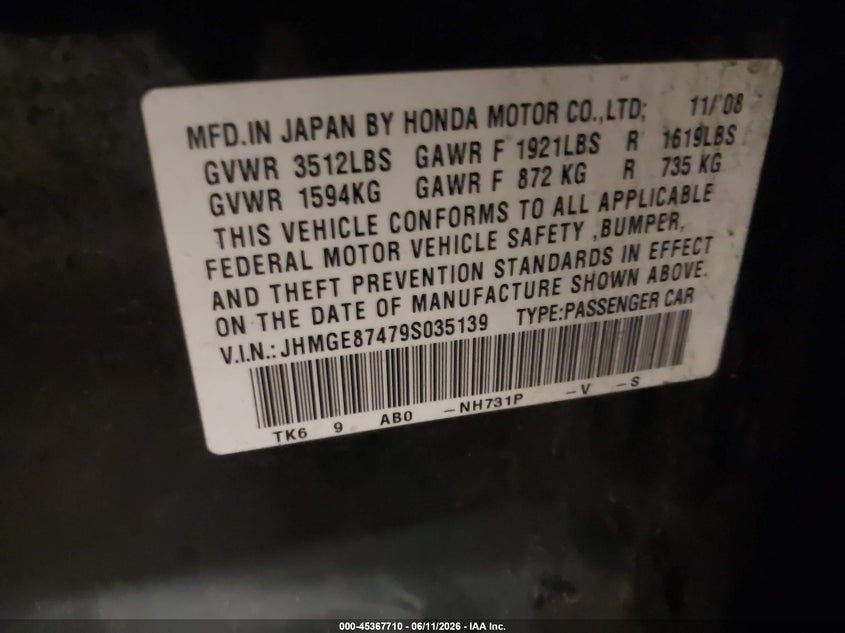 2009 Honda Fit VIN JHMGE87479S035139 IAAI salvage auction — NORMAL WEAR, Clear (Minnesota), sold $375 on 2026-07-08 (photo 9)