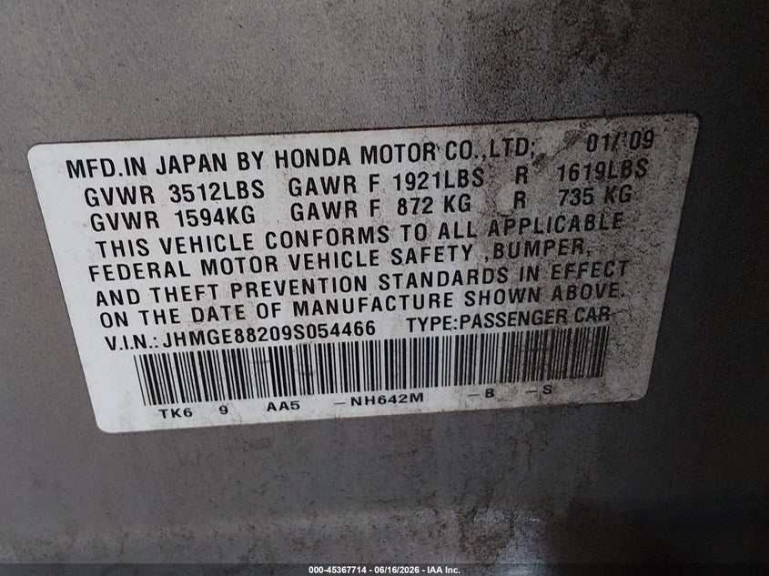 2009 Honda Fit VIN JHMGE88209S054466 IAAI salvage auction — REAR END, Bill Of Sale (Washington), sold $475 on 2026-07-08 (photo 9)
