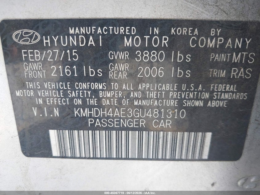 2016 Hyundai Elantra VIN KMHDH4AE3GU481310 IAAI salvage auction — THEFT, Salvage (California), sold $250 on 2026-07-13 (photo 9)