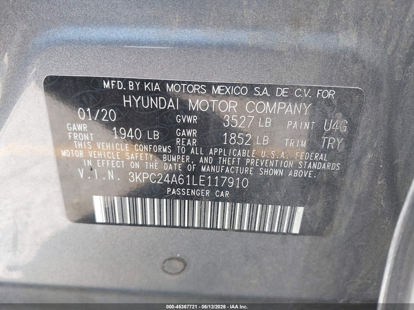 2020 Hyundai Accent VIN 3KPC24A61LE117910 IAAI salvage auction — FRONT END, Salvage (California), sold $875 on 2026-07-09 (photo 9)