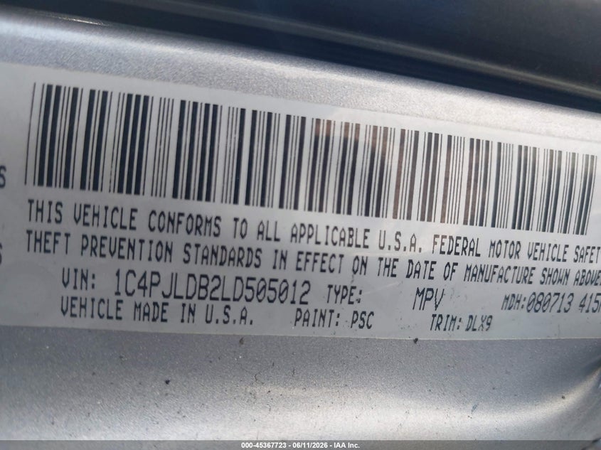 2020 Jeep Cherokee VIN 1C4PJLDB2LD505012 IAAI salvage auction — LEFT SIDE, Salvage (California), sold $3,850 on 2026-07-17 (photo 9)