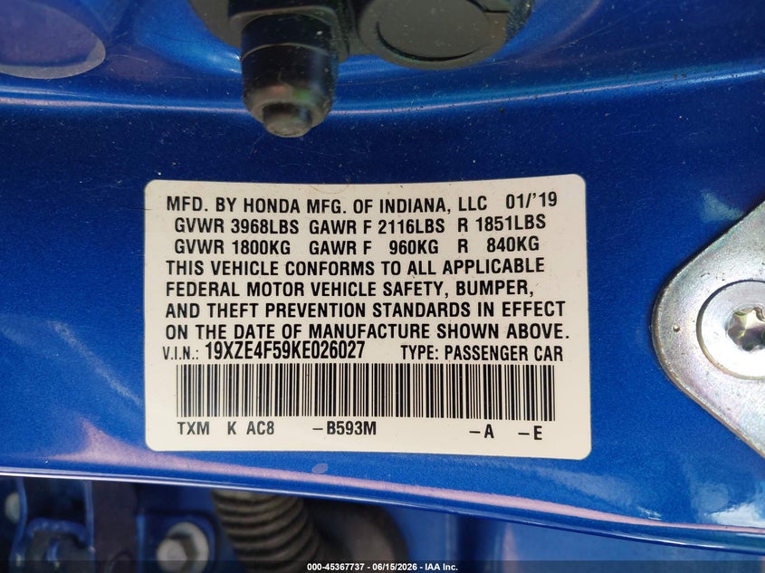 2019 Honda Insight VIN 19XZE4F59KE026027 IAAI salvage auction — SIDE, Salvage (Ohio), sold $1,850 on 2026-07-09 (photo 9)
