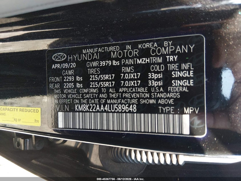 2020 Hyundai Kona VIN KM8K22AA4LU589648 IAAI salvage auction — LEFT FRONT, Salvage (South Carolina), sold $525 on 2026-07-28 (photo 9)