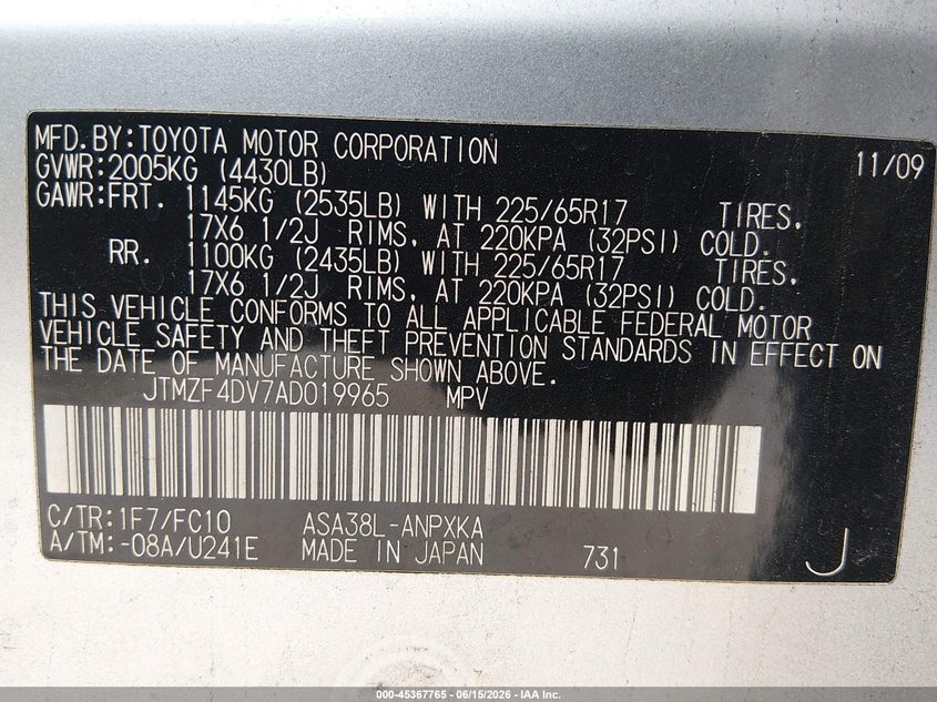 2010 Toyota Rav4 VIN JTMZF4DV7AD019965 IAAI salvage auction — REAR END, Salvage (California), sold $2,200 on 2026-07-13 (photo 9)