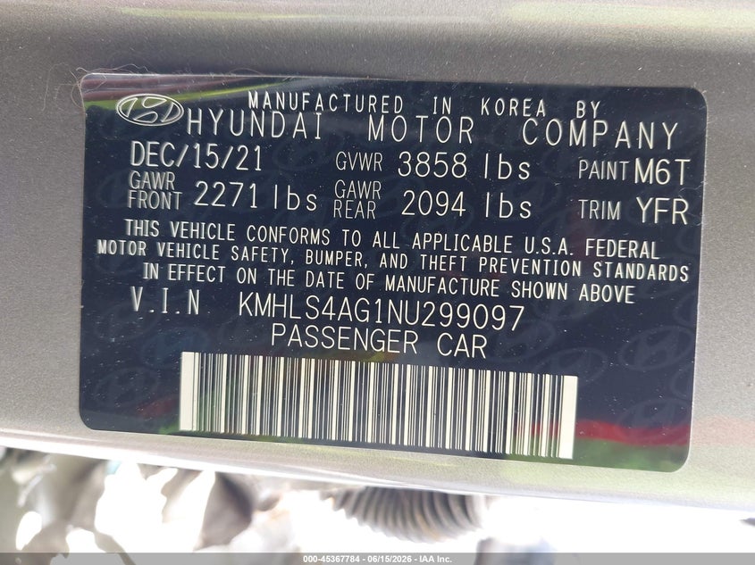 2022 Hyundai Elantra VIN KMHLS4AG1NU299097 IAAI salvage auction — LEFT SIDE, Bill Of Sale (Washington), sold $2,200 on 2026-07-15 (photo 9)