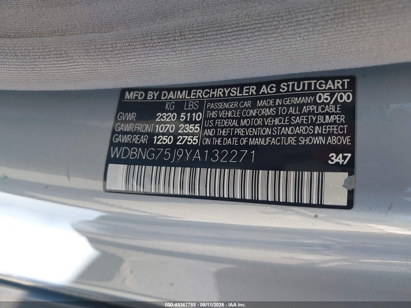 2000 Mercedes-benz S class VIN WDBNG75J9YA132271 IAAI salvage auction — NORMAL WEAR, Salvage (California), sold $400 on 2026-07-20 (photo 9)