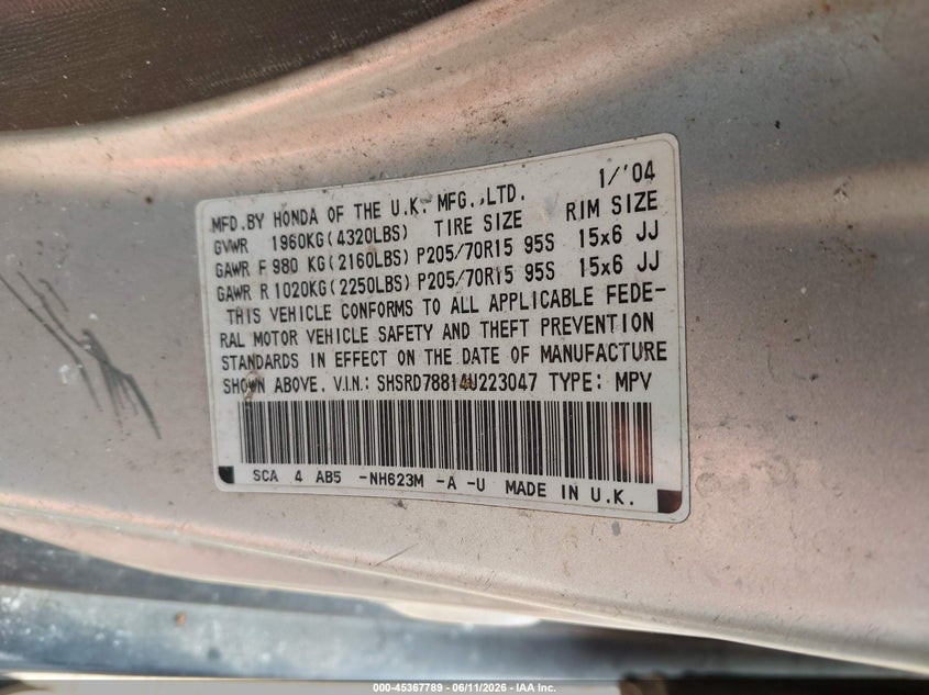 2004 Honda Cr-v VIN SHSRD78814U223047 IAAI salvage auction — NORMAL WEAR, Clear (New York), sold $600 on 2026-07-28 (photo 9)