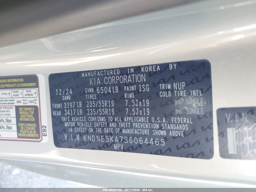 2025 Kia VIN KNDNE5KA7S6064465 IAAI salvage auction — FRONT END, Certificate Of Destruction (Florida), sold $3,000 on 2026-07-07 (photo 9)