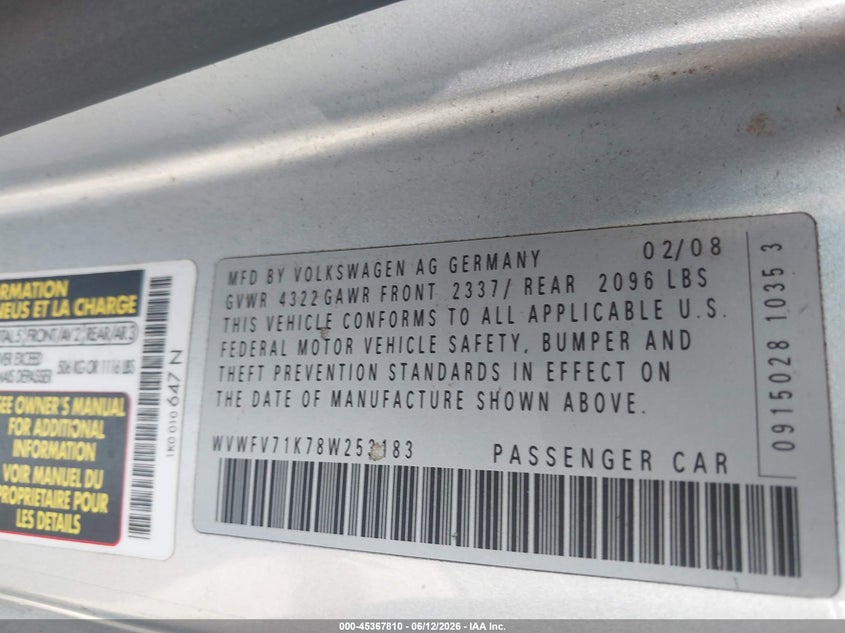 2008 Volkswagen Gti VIN WVWFV71K78W253183 IAAI salvage auction — NORMAL WEAR, Clear (New Jersey), sold $425 on 2026-07-20 (photo 9)