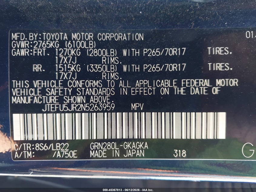 2022 Toyota 4runner VIN JTEFU5JR2N5263959 IAAI salvage auction — RIGHT SIDE, Salvage Title, sold $10,100 on 2026-07-29 (photo 9)