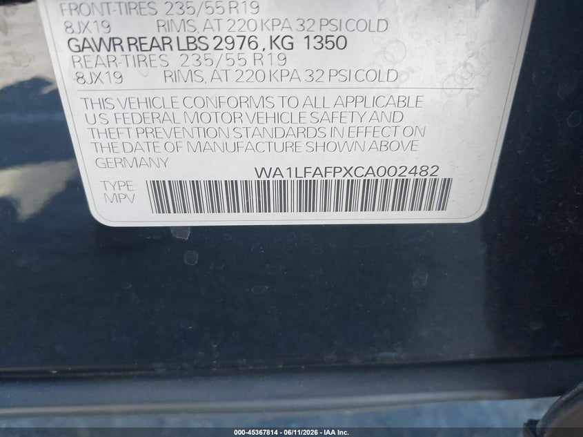 2012 Audi Q5 VIN WA1LFAFPXCA002482 IAAI salvage auction — MECHANICAL, Clear (California), sold $350 on 2026-07-22 (photo 9)