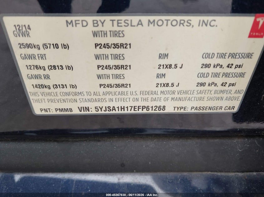 2014 Tesla Model s VIN 5YJSA1H17EFP61268 IAAI salvage auction — FRONT END, Clear (Florida), sold $2,550 on 2026-07-22 (photo 9)