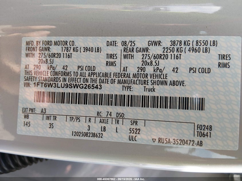 2025 Ford F-150 VIN 1FT6W3LU9SWG26543 IAAI salvage auction — FRONT END, Salvage (Oregon), sold $18,100 on 2026-07-30 (photo 9)