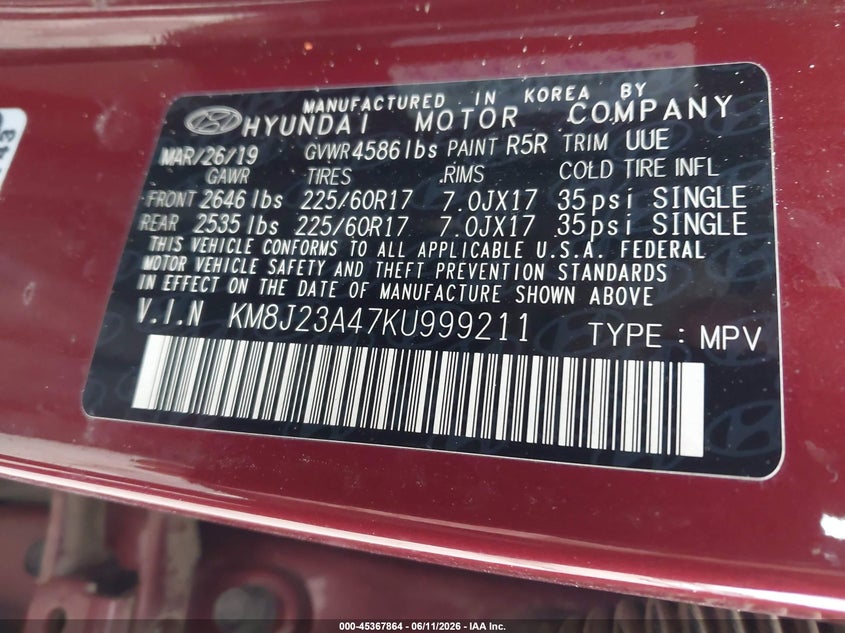 2019 Hyundai Tucson VIN KM8J23A47KU999211 IAAI salvage auction — MECHANICAL, Clear (Florida), sold $2,900 on 2026-07-22 (photo 9)