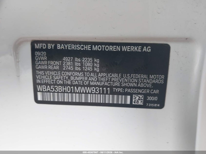 2021 BMW VIN WBA53BH01MWW93111 IAAI salvage auction — FRONT END, Salvage (Arizona), sold $1,450 on 2026-07-28 (photo 9)
