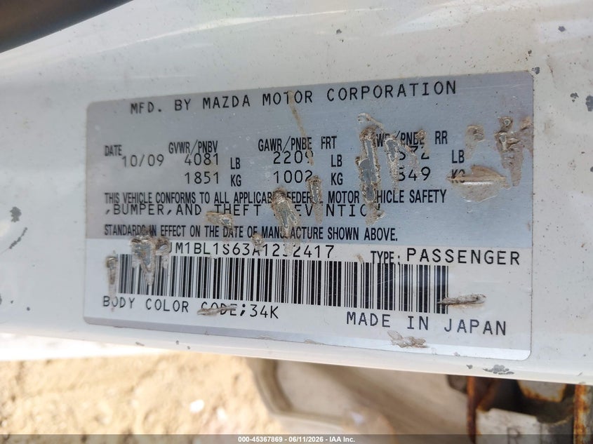 2010 Mazda 3 VIN JM1BL1S63A1232417 IAAI salvage auction — NORMAL WEAR, Clear (New York), sold $425 on 2026-07-28 (photo 9)